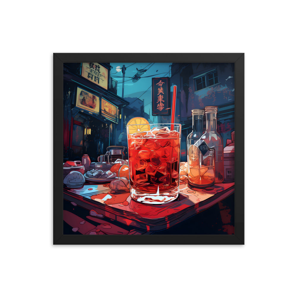 Framed Print Artwork Japanese Manga Style Alcohol And Night Life Bar Art Alcoholic Drink With Ice And Lemon Slice Framed Poster Neon Light Bar Artwork 14x14"