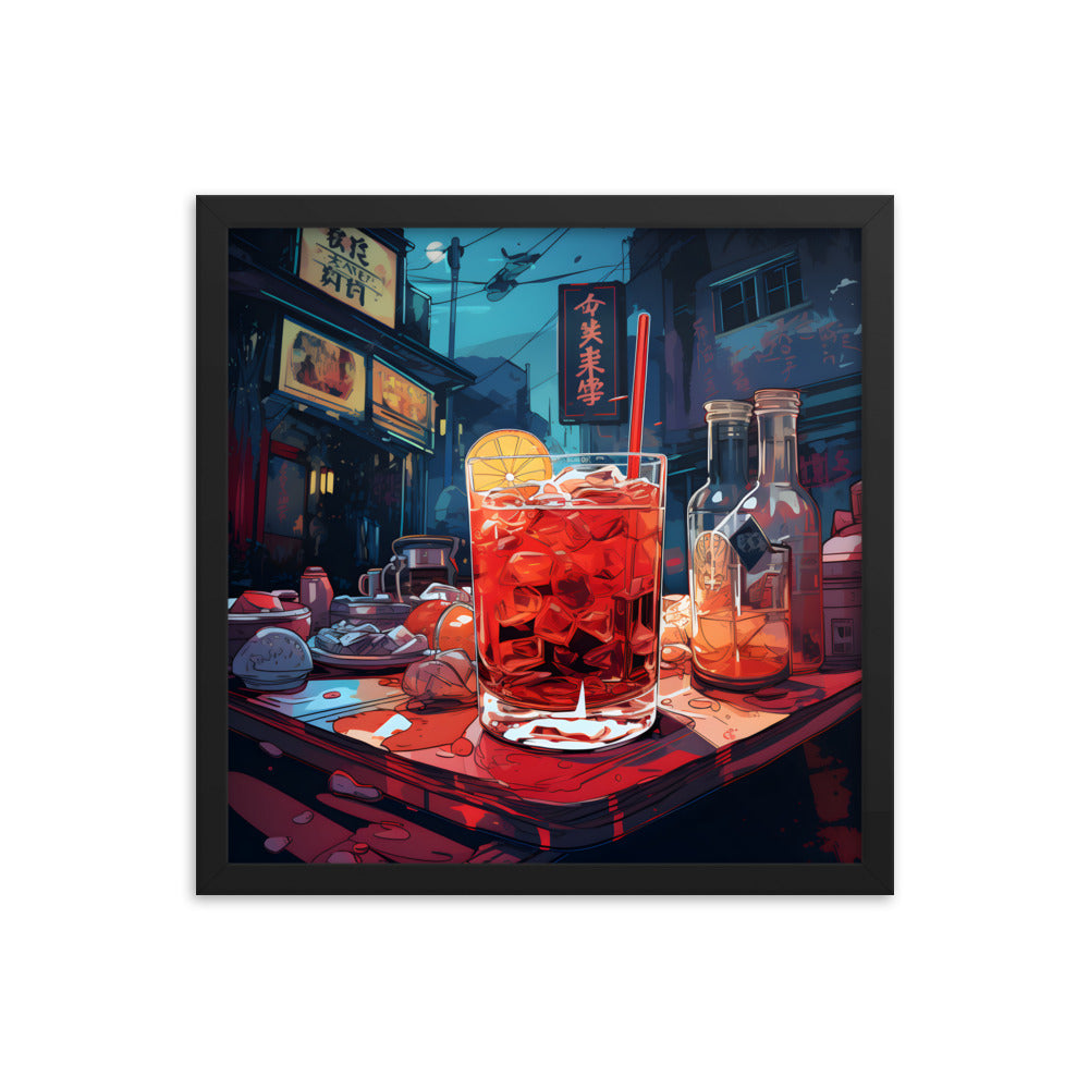 Framed Print Artwork Japanese Manga Style Alcohol And Night Life Bar Art Alcoholic Drink With Ice And Lemon Slice Framed Poster Neon Light Bar Artwork 16x16"