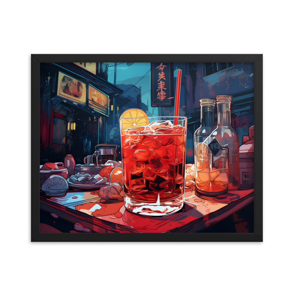 Framed Print Artwork Japanese Manga Style Alcohol And Night Life Bar Art Alcoholic Drink With Ice And Lemon Slice Framed Poster Neon Light Bar Artwork 16x20"
