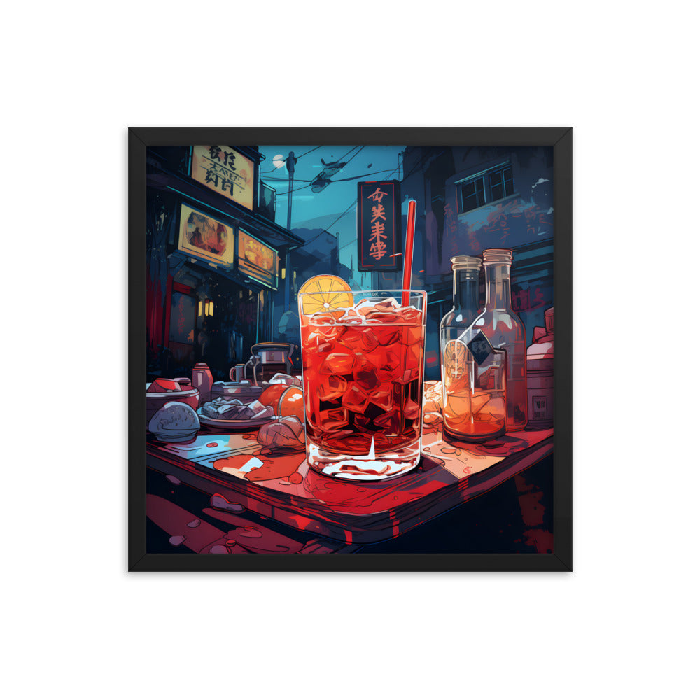 Framed Print Artwork Japanese Manga Style Alcohol And Night Life Bar Art Alcoholic Drink With Ice And Lemon Slice Framed Poster Neon Light Bar Artwork 18x18"