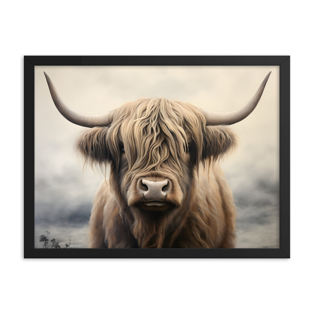Framed Artwork Strong Stunning Highlander Bull Sunlit Staring Into The Viewer Captivating Painting Style