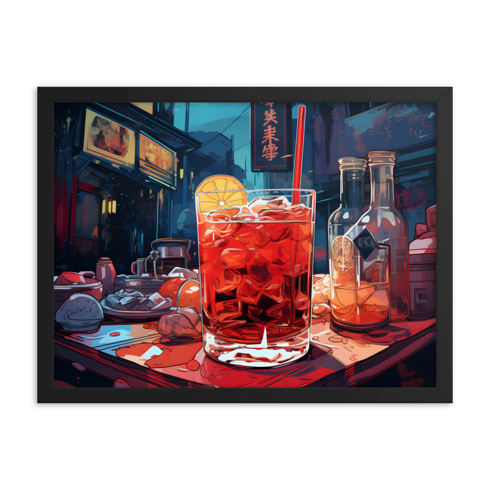 Framed Print Artwork Japanese Manga Style Alcohol And Night Life Bar Art Alcoholic Drink With Ice And Lemon Slice Framed Poster Neon Light Bar Artwork 18x24"