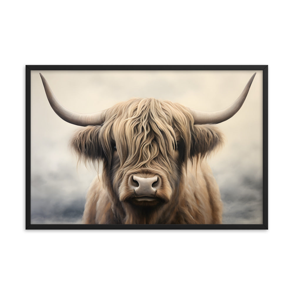 Framed Artwork Strong Stunning Highlander Bull Sunlit Staring Into The Viewer Captivating Painting Style