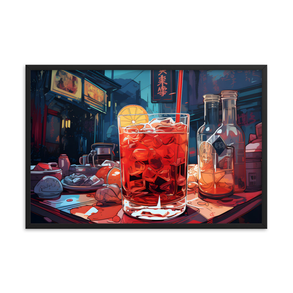 Framed Print Artwork Japanese Manga Style Alcohol And Night Life Bar Art Alcoholic Drink With Ice And Lemon Slice Framed Poster Neon Light Bar Artwork 24x36"