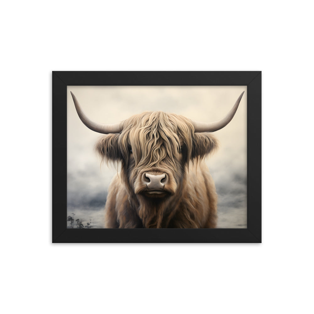 Framed Artwork Strong Stunning Highlander Bull Sunlit Staring Into The Viewer Captivating Painting Style