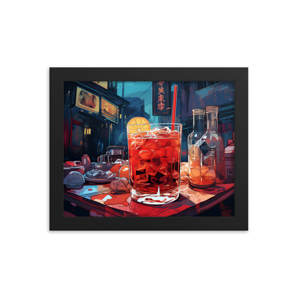 Framed Print Artwork Japanese Manga Style Alcohol And Night Life Bar Art Alcoholic Drink With Ice And Lemon Slice Framed Poster Neon Light Bar Artwork 8x10"