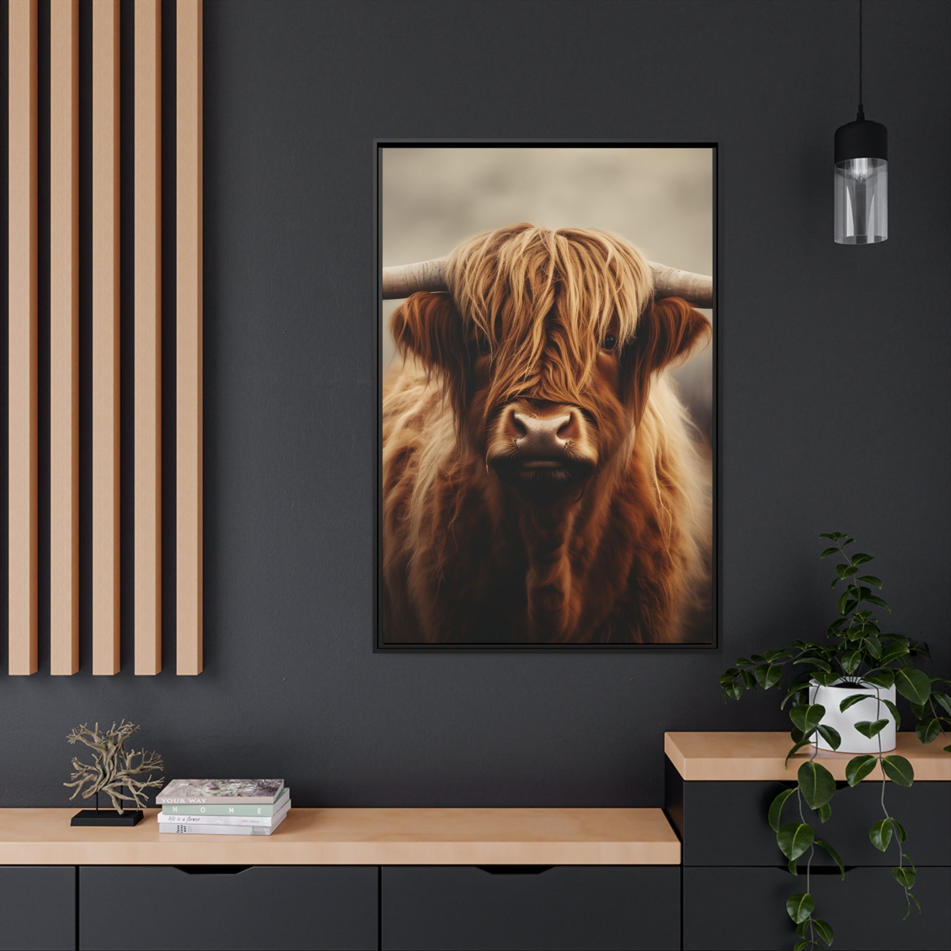 Framed Canvas Artwork Strong Stunning Highlander Bull Warm Fiery Background Emotional Staring Into The Viewer Captivating Highly Detailed Painting Style Perfect To Warm Up A Homestead Or Country Home