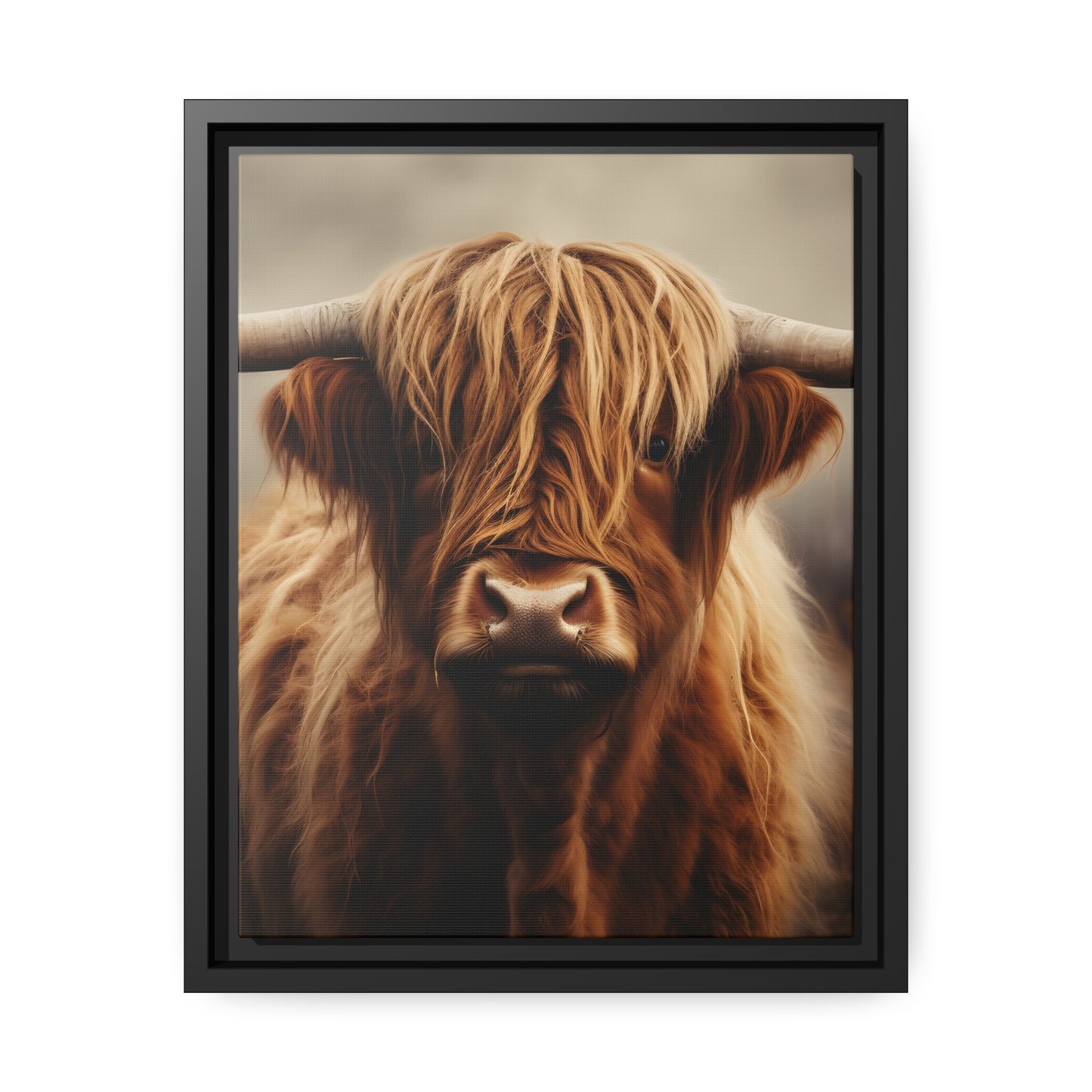Framed Canvas Artwork Strong Stunning Highlander Bull Warm Fiery Background Emotional Staring Into The Viewer Captivating Highly Detailed Painting Style Perfect To Warm Up A Homestead Or Country Home