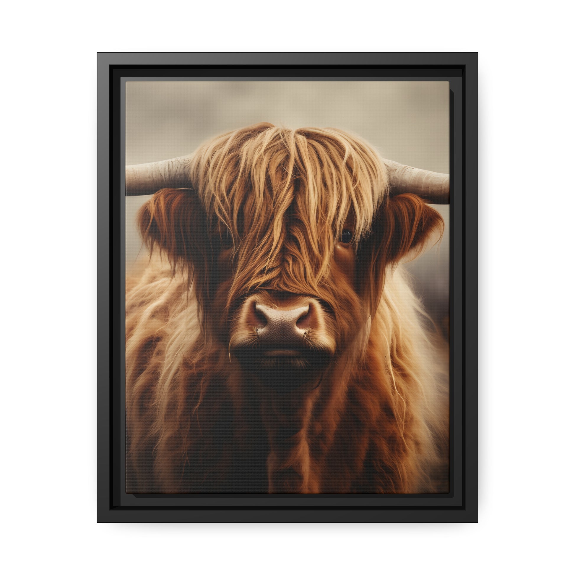 Framed Canvas Artwork Strong Stunning Highlander Bull Warm Fiery Background Emotional Staring Into The Viewer Captivating Highly Detailed Painting Style Perfect To Warm Up A Homestead Or Country Home