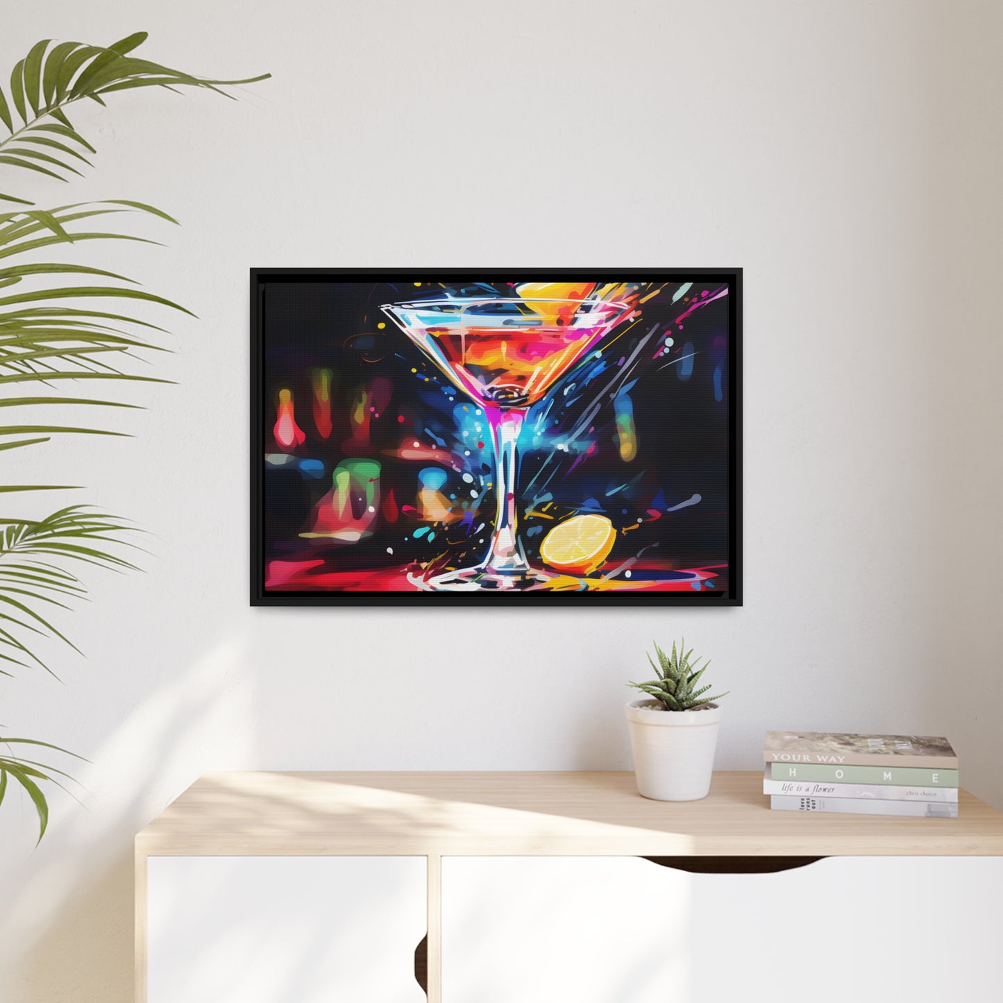 Framed Canvas artwork Bar/Night Life Art Bright Neon Splashes Surrounding A Martini Glass Full Of AlcoholFramed Canvas Painting Alcohol Art Iced Drink Close Up