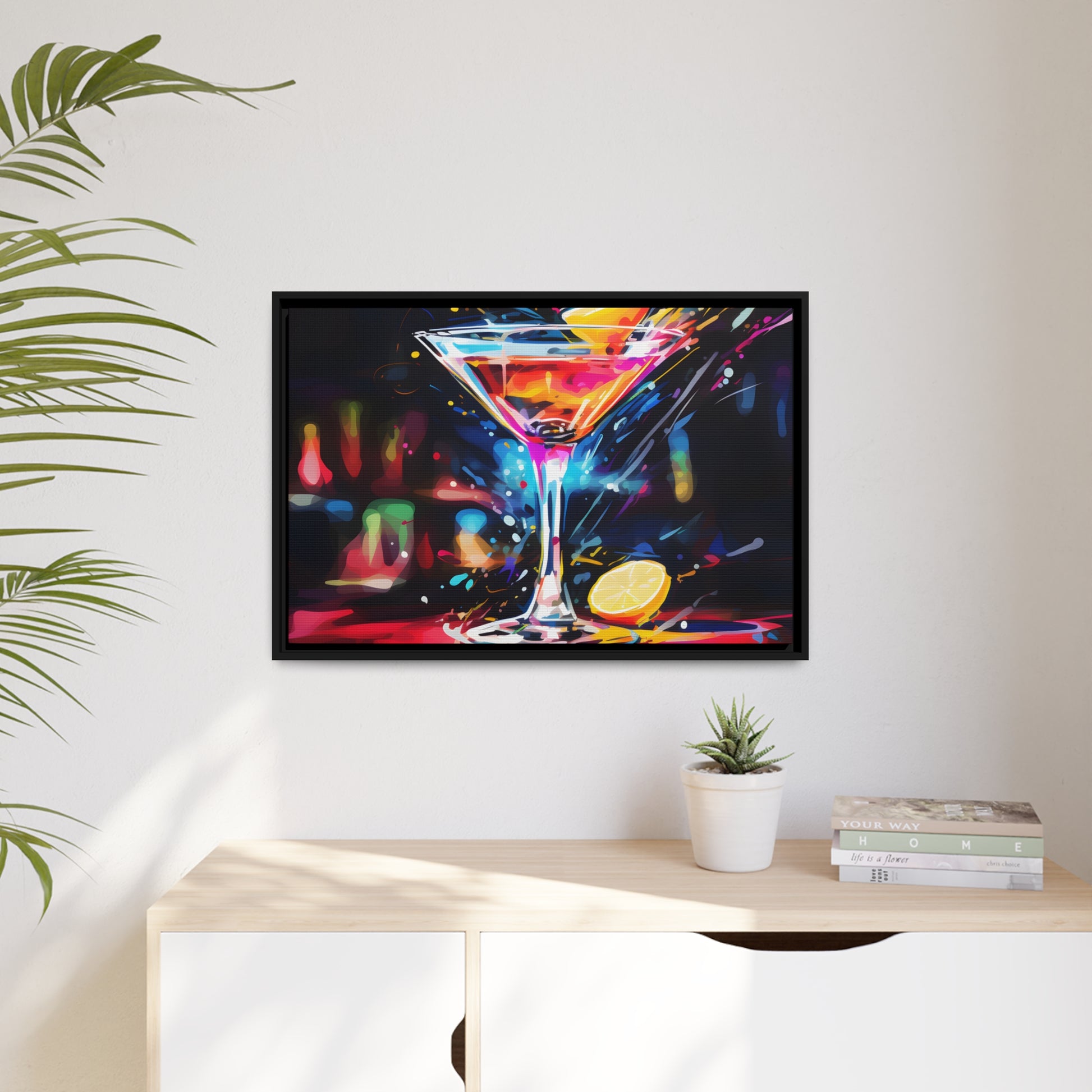 Framed Canvas artwork Bar/Night Life Art Bright Neon Splashes Surrounding A Martini Glass Full Of AlcoholFramed Canvas Painting Alcohol Art Iced Drink Close Up