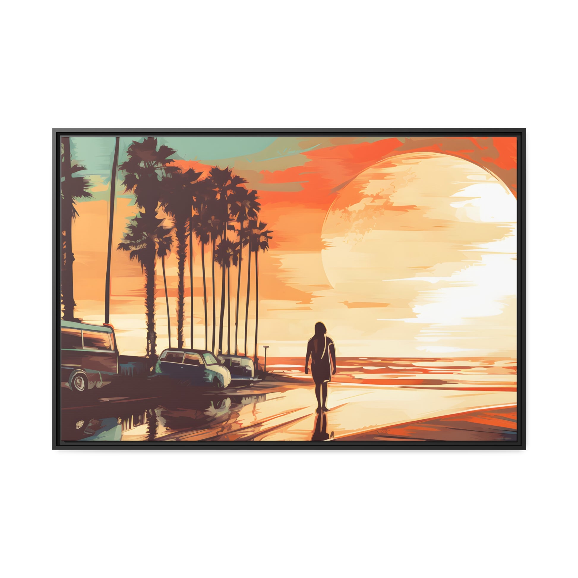 Framed Canvas artwork sunset watercolor oceanside framed painting Warm Colors Vintage Cars And A Large Sun Setting Into The Horizon Floating Canvas Framed Artwork