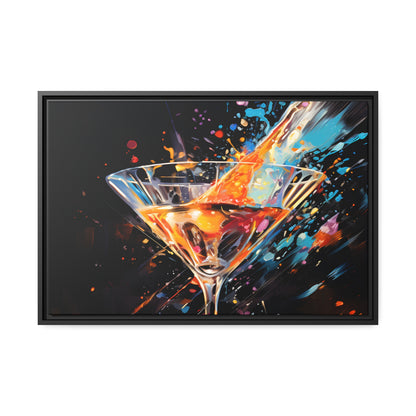Framed Canvas artwork Bar/Night Life Art Bright Vibrant Neon Splashes Surrounding A Martini Glass Full Of Alcohol On Black Background Framed Canvas Painting Alcohol Art Close Up 