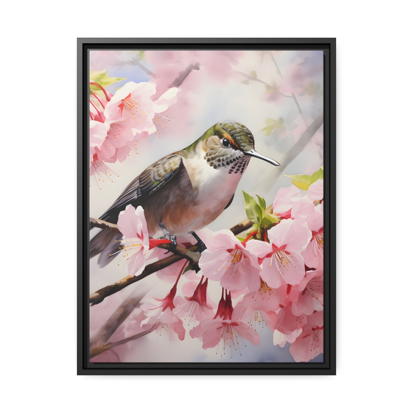 Framed Canvas Artwork Humming Bird Amongst Cherry Blossoms Floating Frame Canvas Artwork