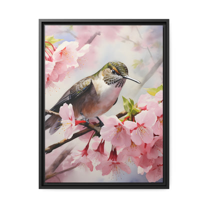 Framed Canvas Artwork Humming Bird Amongst Cherry Blossoms Floating Frame Canvas Artwork
