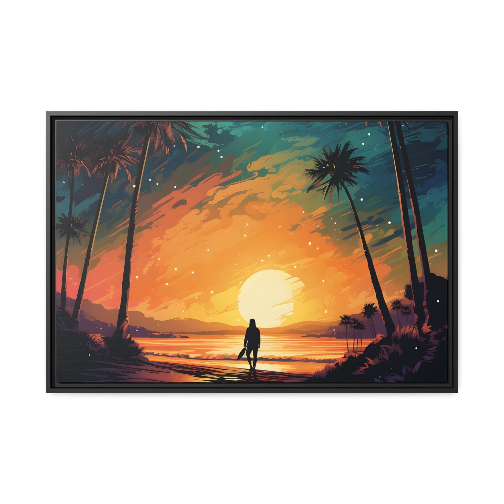 Framed Canvas Lifestyle/Ocean Side Artwork Smooth Ocean Water Dark Sunset Palm Tree Silhouettes Line The Pathway Large Sun Setting In Line With Perspective Moon Lit Star Filled Night Sky Floating Canvas Framed Artwork