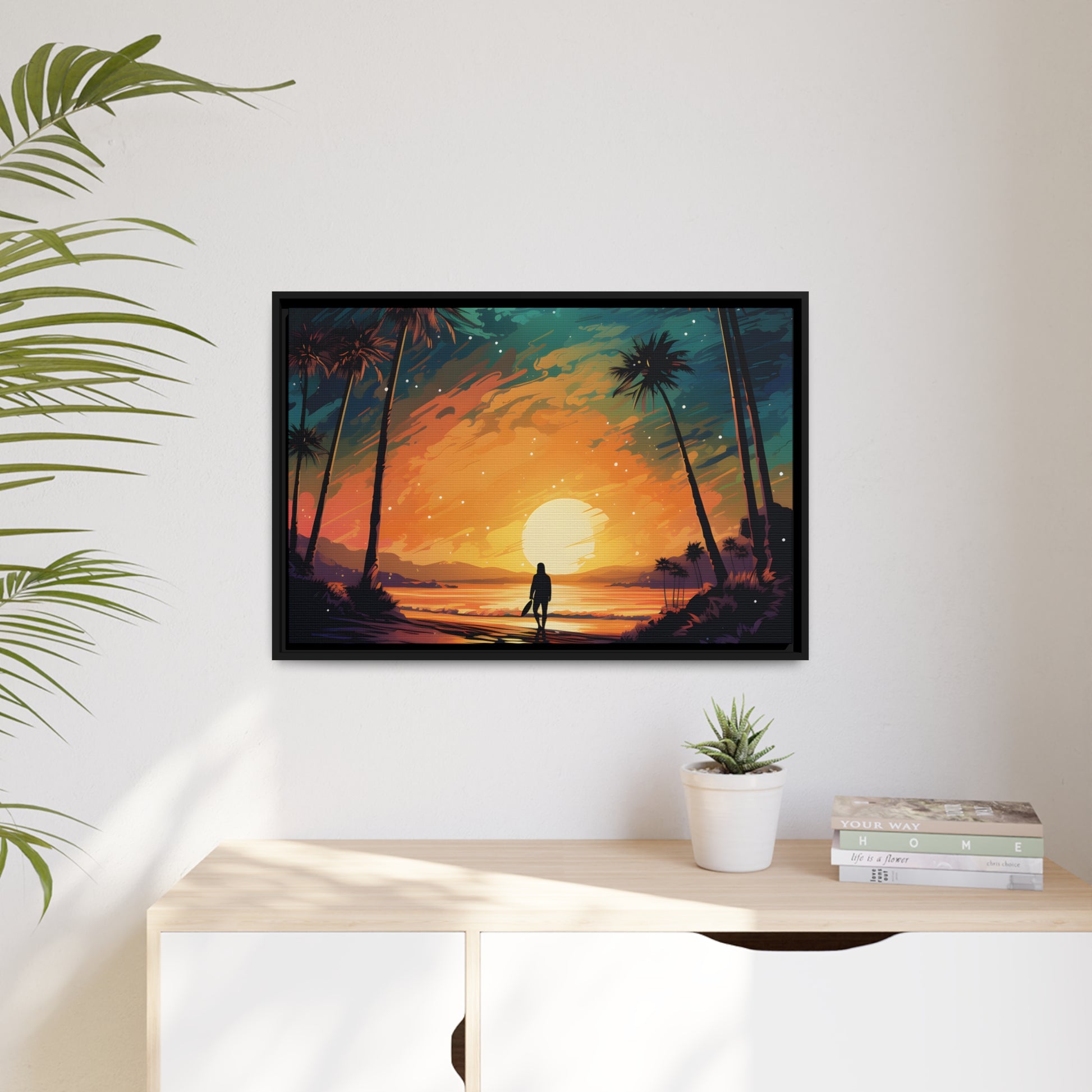 Framed Canvas Lifestyle/Ocean Side Artwork Smooth Ocean Water Dark Sunset Palm Tree Silhouettes Line The Pathway Large Sun Setting In Line With Perspective Moon Lit Star Filled Night Sky Floating Canvas Framed Artwork