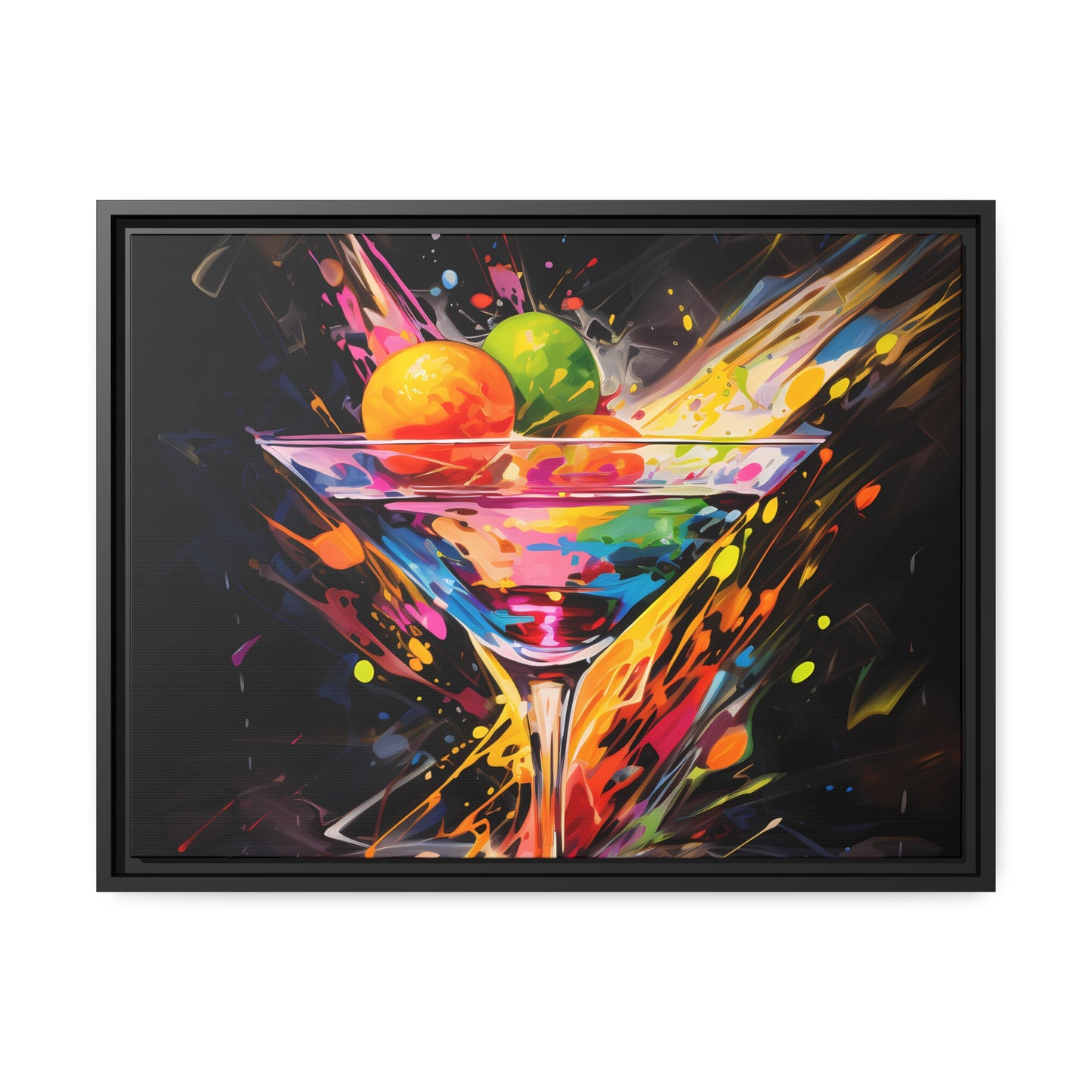Framed Canvas artwork Bar/Night Life Art Bright Vibrant Neon Splashes Surrounding A Martini Glass Full Of Alcohol On Black Background Framed Canvas Painting Alcohol Art Iced Drink Close Up 