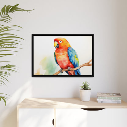 Framed Canvas Artwork Bright Red Parrot With Blue Wings Perched On A Tree Branch Water Color Painting Style