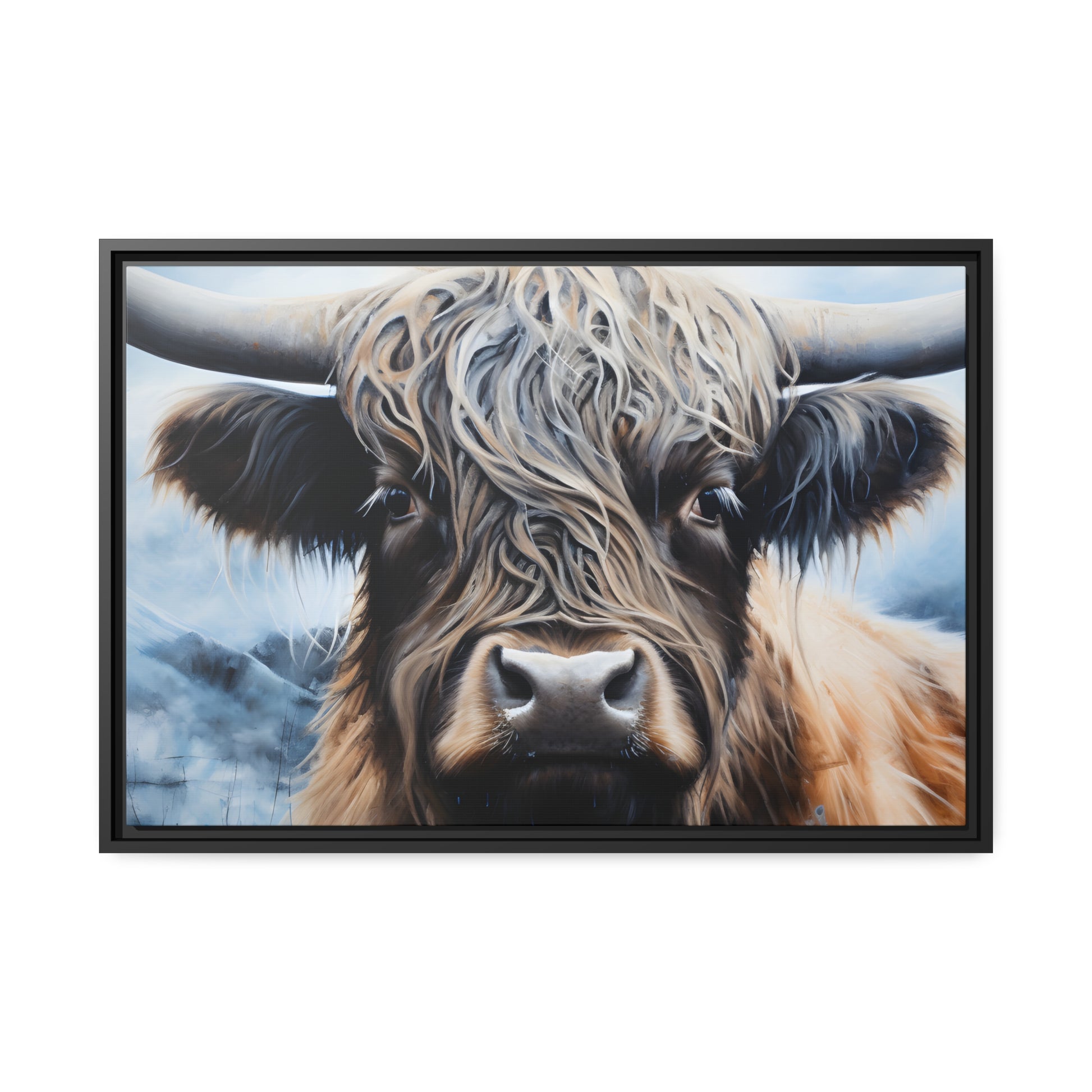 Framed Canvas Artwork Strong Stunning Highlander Bull Emotional Staring Into The Viewer Captivating Highly Detailed Painting Style