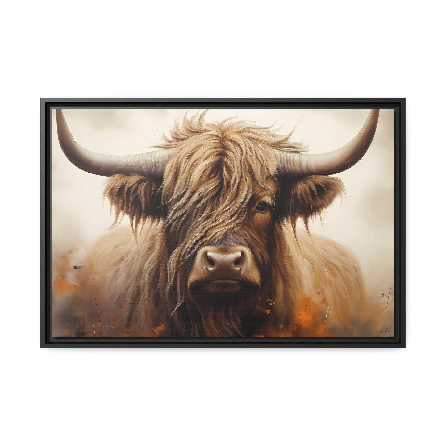Framed Canvas Artwork Strong Stunning Highlander Bull Warm Fiery Flames Emotional Stylish Bull Staring Into The Viewer Captivating Highly Detailed Painting Style Perfect To Warm Up A Homestead Or Country Home