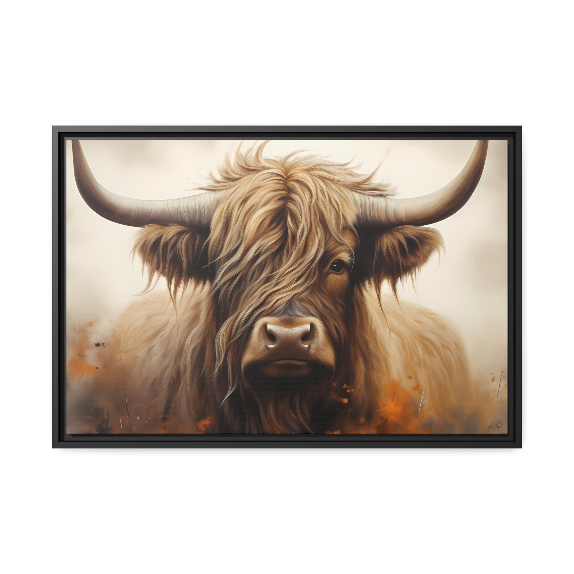 Framed Canvas Artwork Strong Stunning Highlander Bull Warm Fiery Flames Emotional Stylish Bull Staring Into The Viewer Captivating Highly Detailed Painting Style Perfect To Warm Up A Homestead Or Country Home