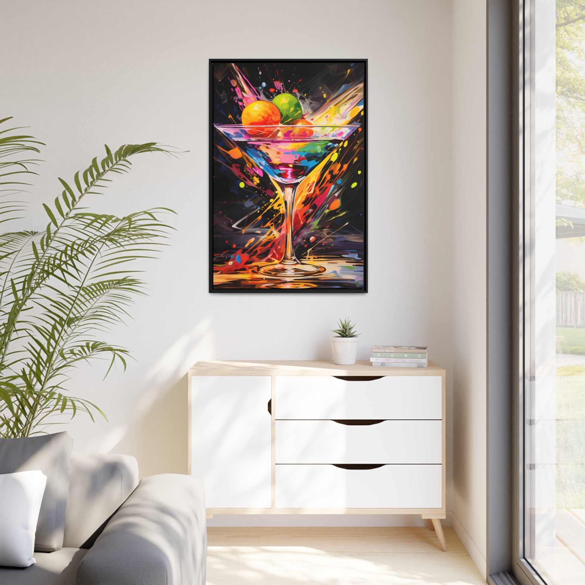 Framed Canvas artwork Bar/Night Life Art Bright Vibrant Neon Splashes Surrounding A Martini Glass Full Of Alcohol On Black Background Framed Canvas Painting Alcohol Art Iced Drink Close Up 