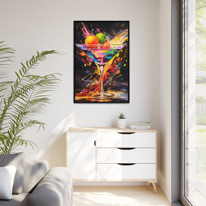 Framed Canvas artwork Bar/Night Life Art Bright Vibrant Neon Splashes Surrounding A Martini Glass Full Of Alcohol On Black Background Framed Canvas Painting Alcohol Art Iced Drink Close Up 
