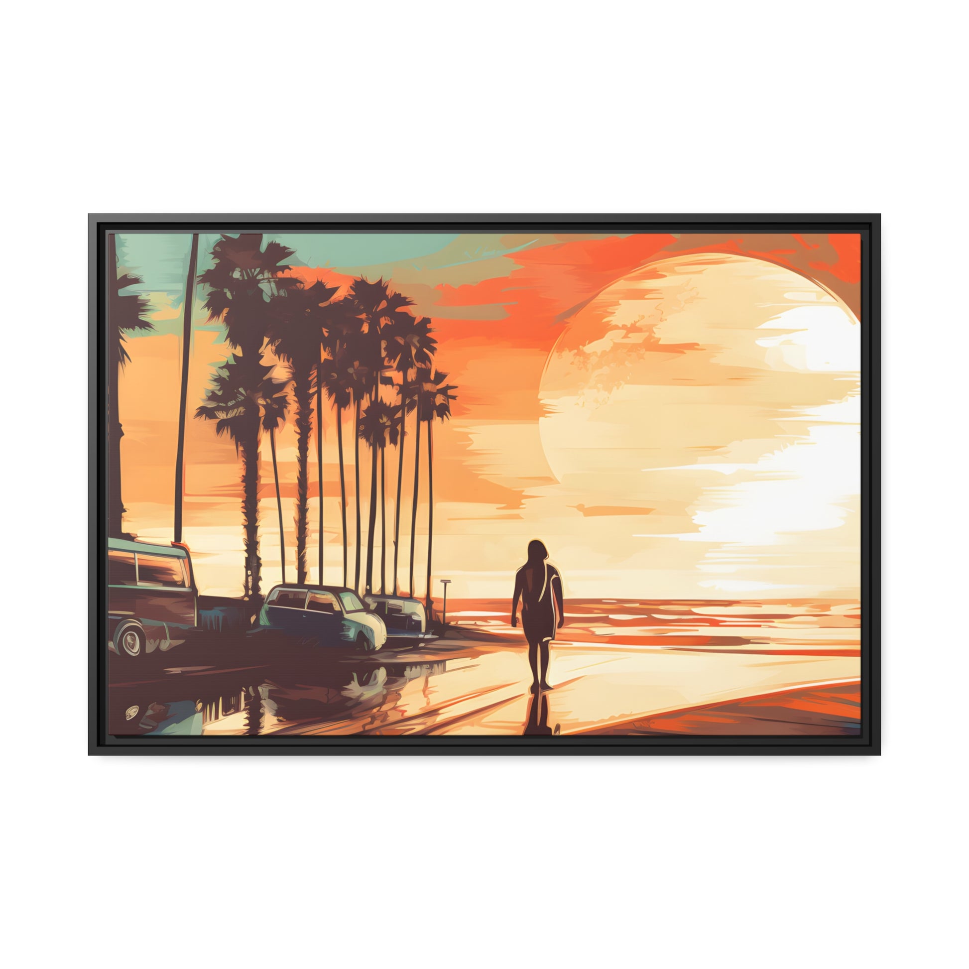 Framed Canvas artwork sunset watercolor oceanside framed painting Warm Colors Vintage Cars And A Large Sun Setting Into The Horizon Floating Canvas Framed Artwork