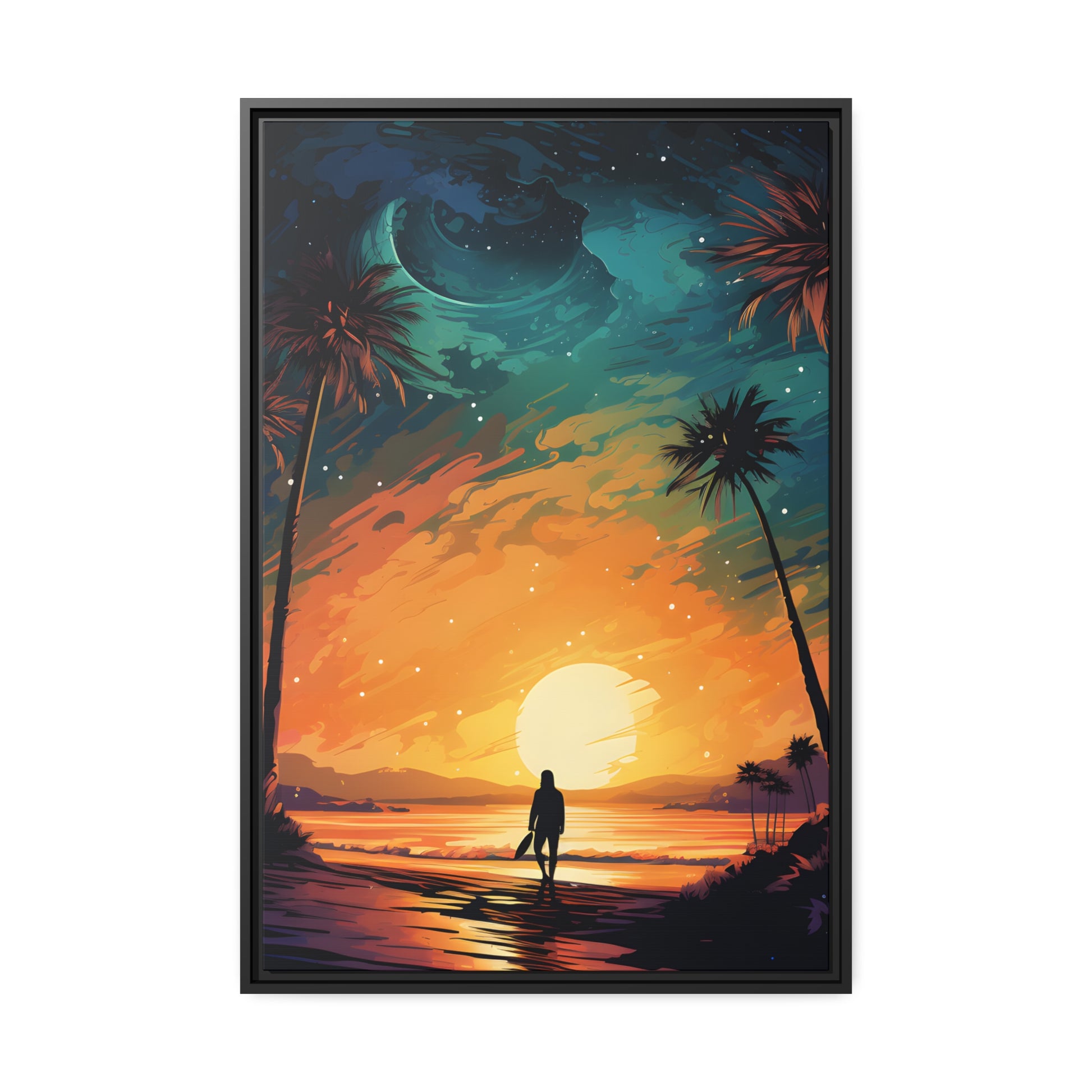 Framed Canvas Lifestyle/Ocean Side Artwork Smooth Ocean Water Dark Sunset Palm Tree Silhouettes Line The Pathway Large Sun Setting In Line With Perspective Moon Lit Star Filled Night Sky Floating Canvas Framed Artwork