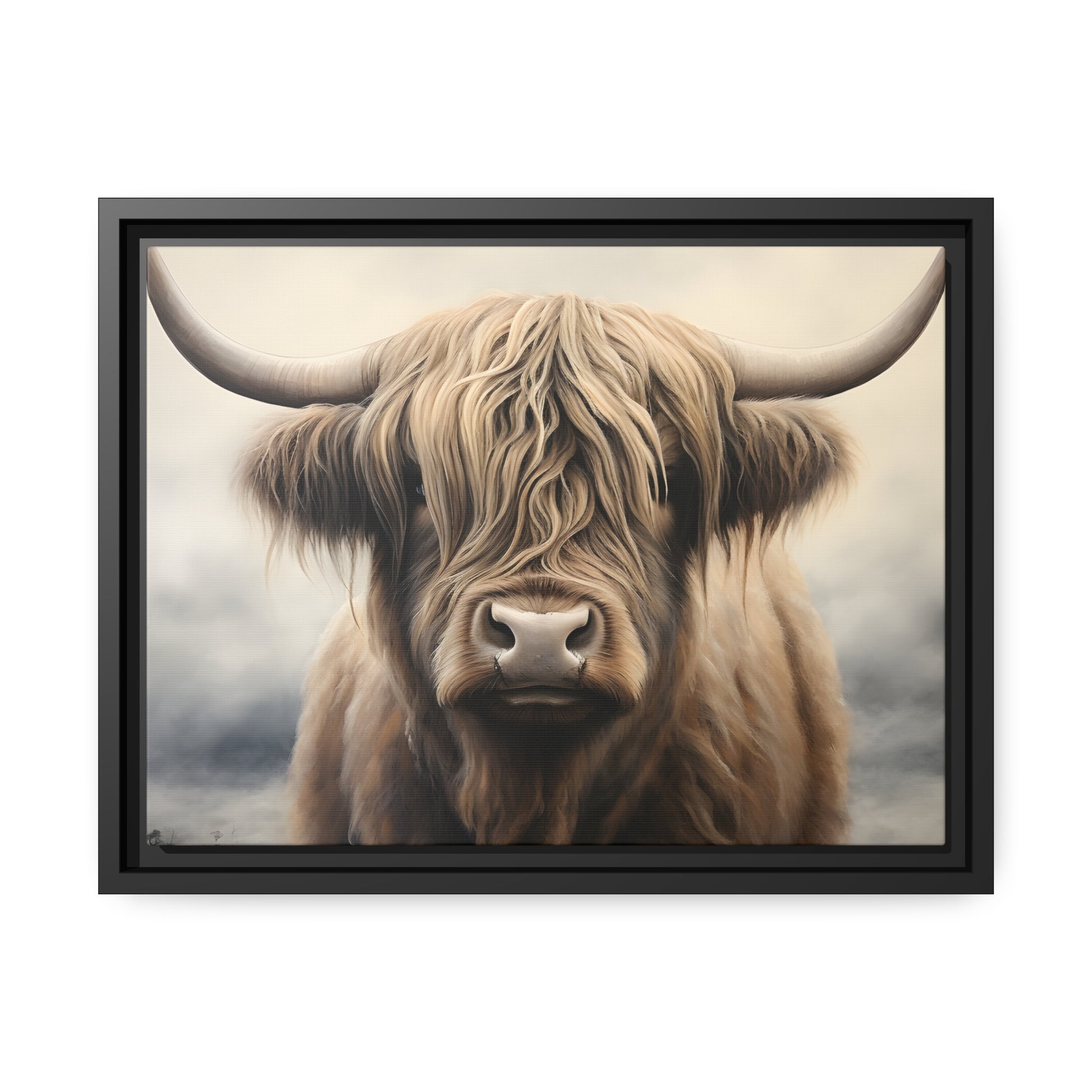 Framed Canvas Artwork Strong Stunning Highlander Bull Sunlit Staring Into The Viewer Captivating Painting Style