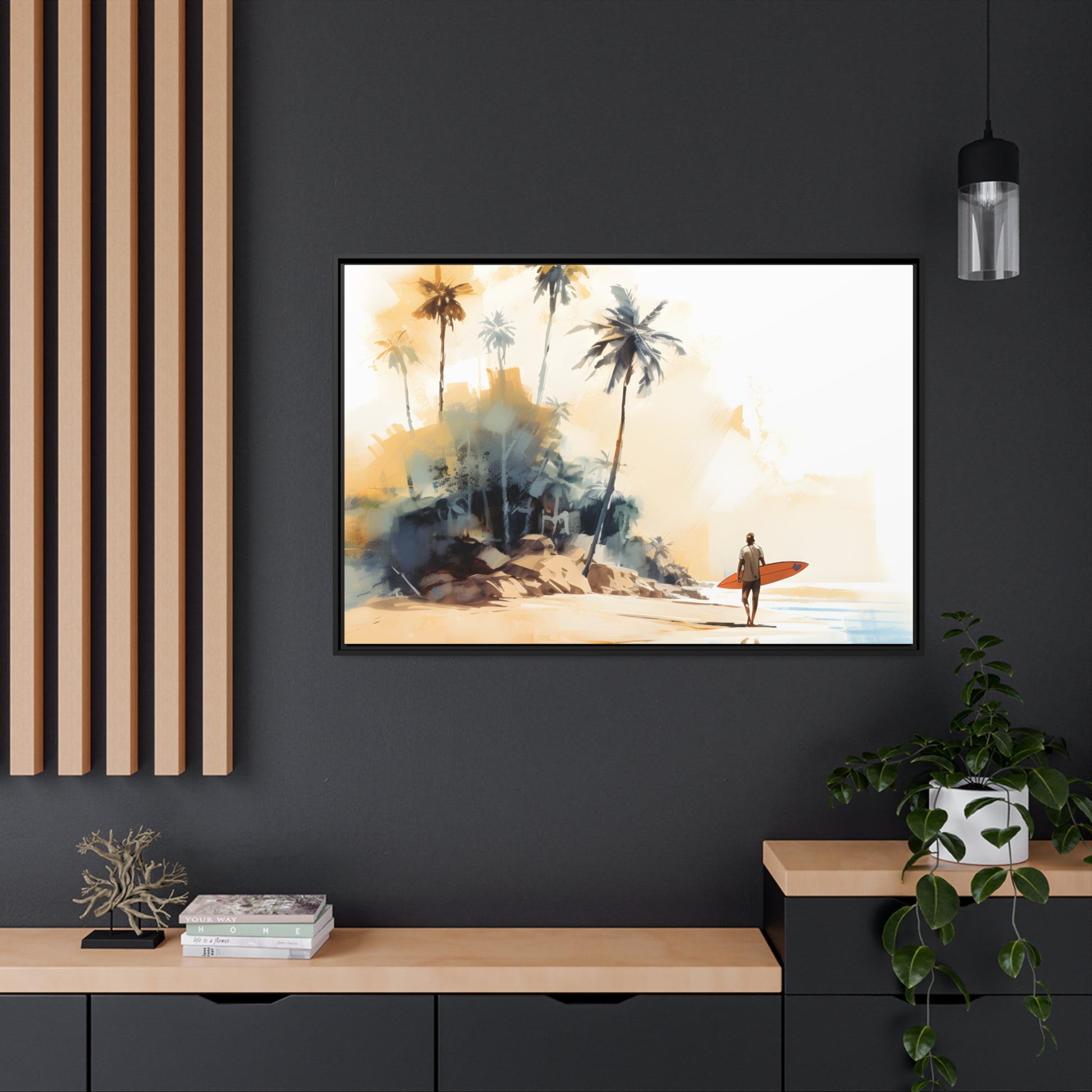 Framed Canvas Artwork Beach Ocean Surfing Art Surfer Walking Up The Beach Holding Surfboard Palm Trees Sets The Tone Floating Frame Canvas Artwork