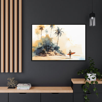 Framed Canvas Artwork Beach Ocean Surfing Art Surfer Walking Up The Beach Holding Surfboard Palm Trees Sets The Tone Floating Frame Canvas Artwork