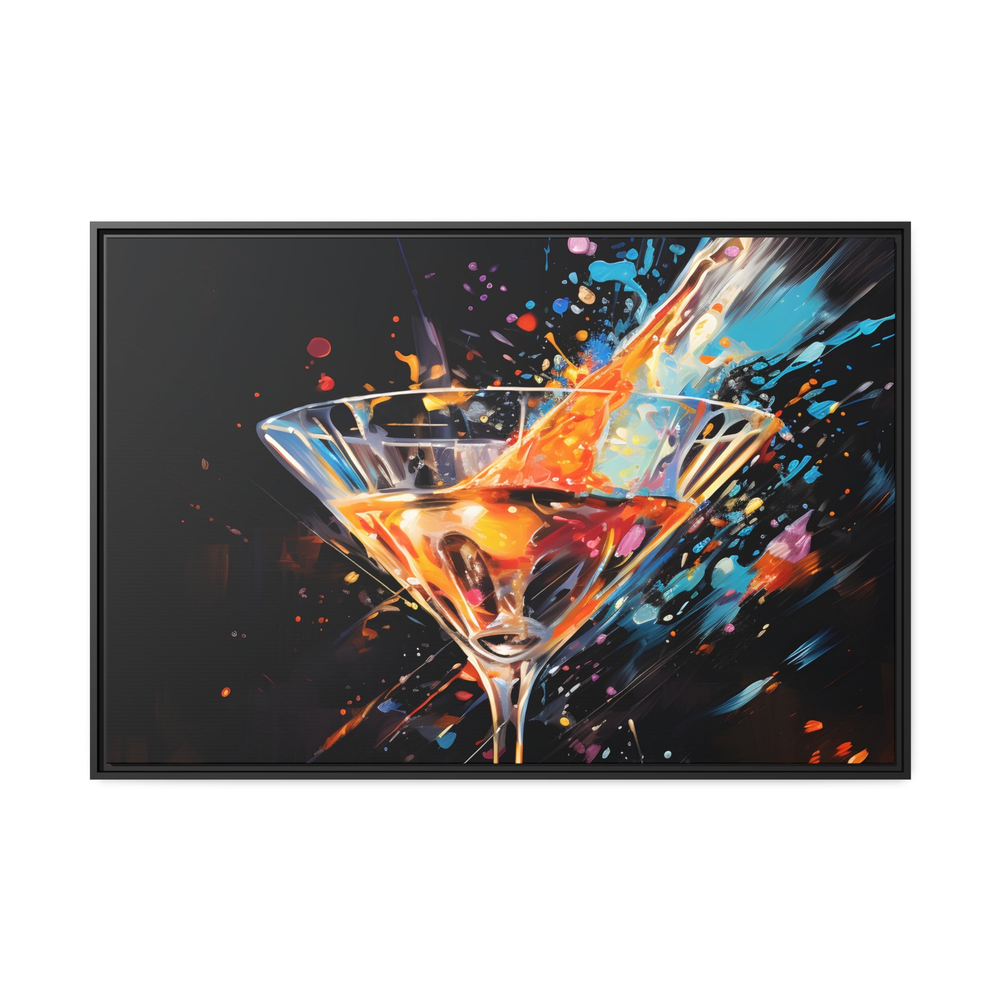 Framed Canvas artwork Bar/Night Life Art Bright Vibrant Neon Splashes Surrounding A Martini Glass Full Of Alcohol On Black Background Framed Canvas Painting Alcohol Art Close Up 
