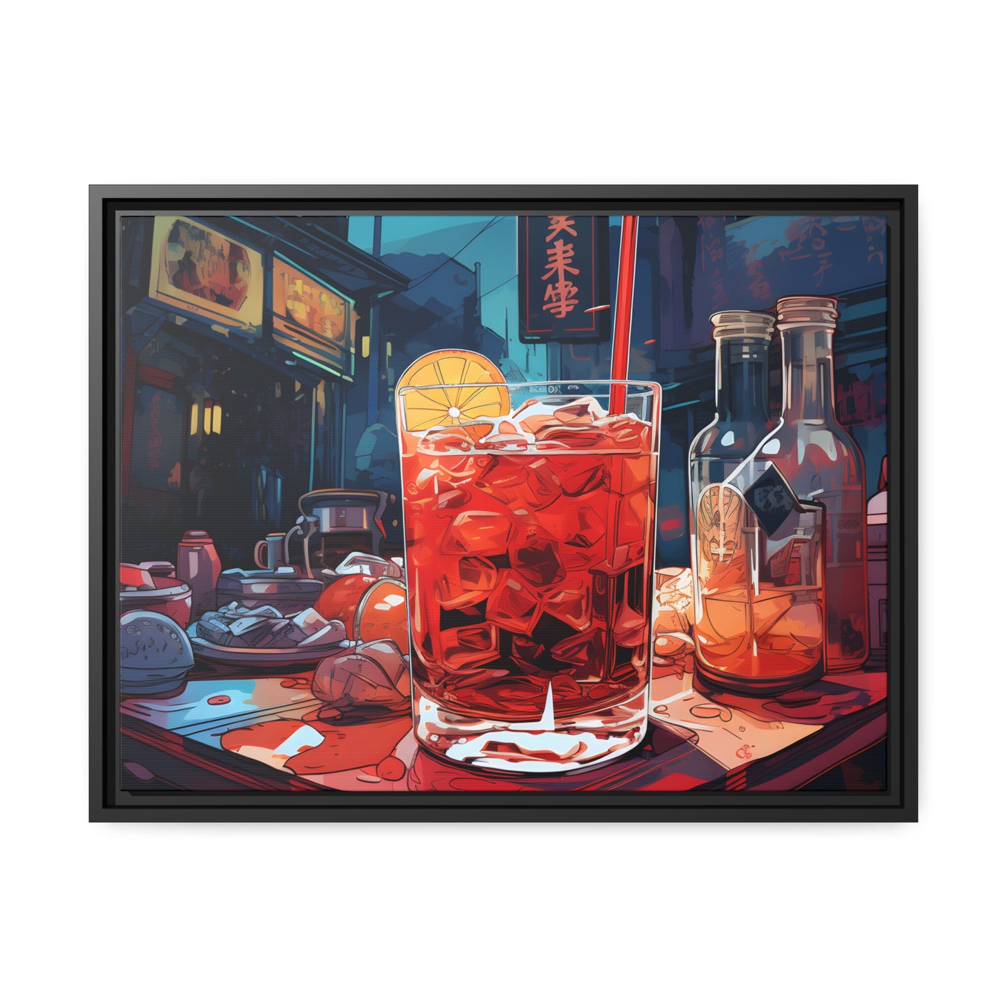 Framed Canvas Artwork Japanese Manga Style Alcohol And Night Life Bar Art Alcoholic Drink With Ice And Lemon Slice Floating Frame Canvas Neon Light Bar Artwork