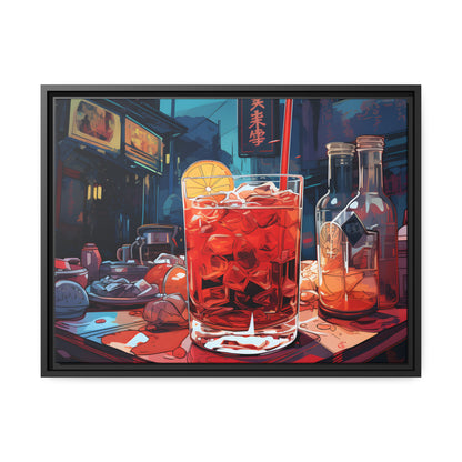 Framed Canvas Artwork Japanese Manga Style Alcohol And Night Life Bar Art Alcoholic Drink With Ice And Lemon Slice Floating Frame Canvas Neon Light Bar Artwork