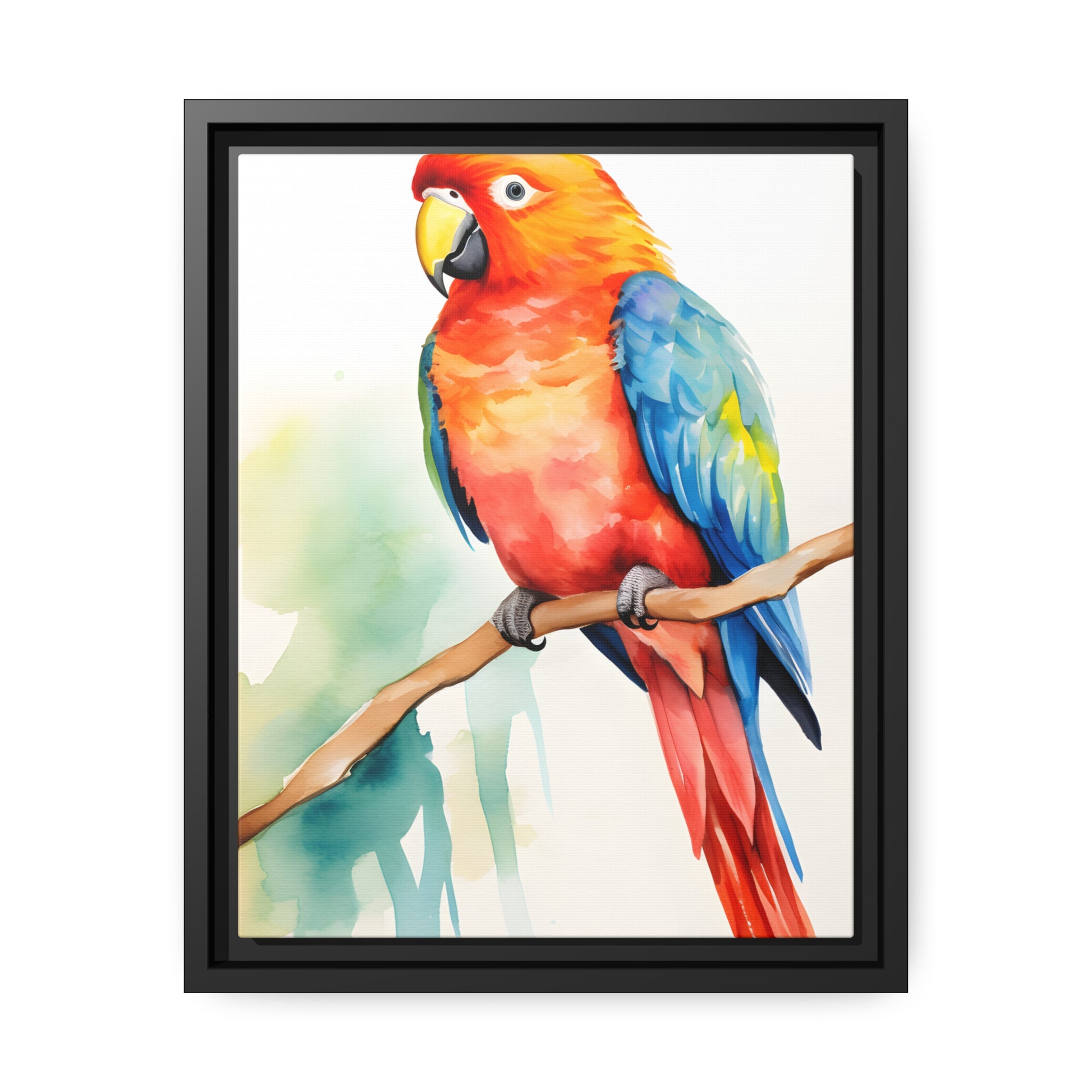 Framed Canvas Artwork Bright Red Parrot With Blue Wings Perched On A Tree Branch Water Color Painting Style
