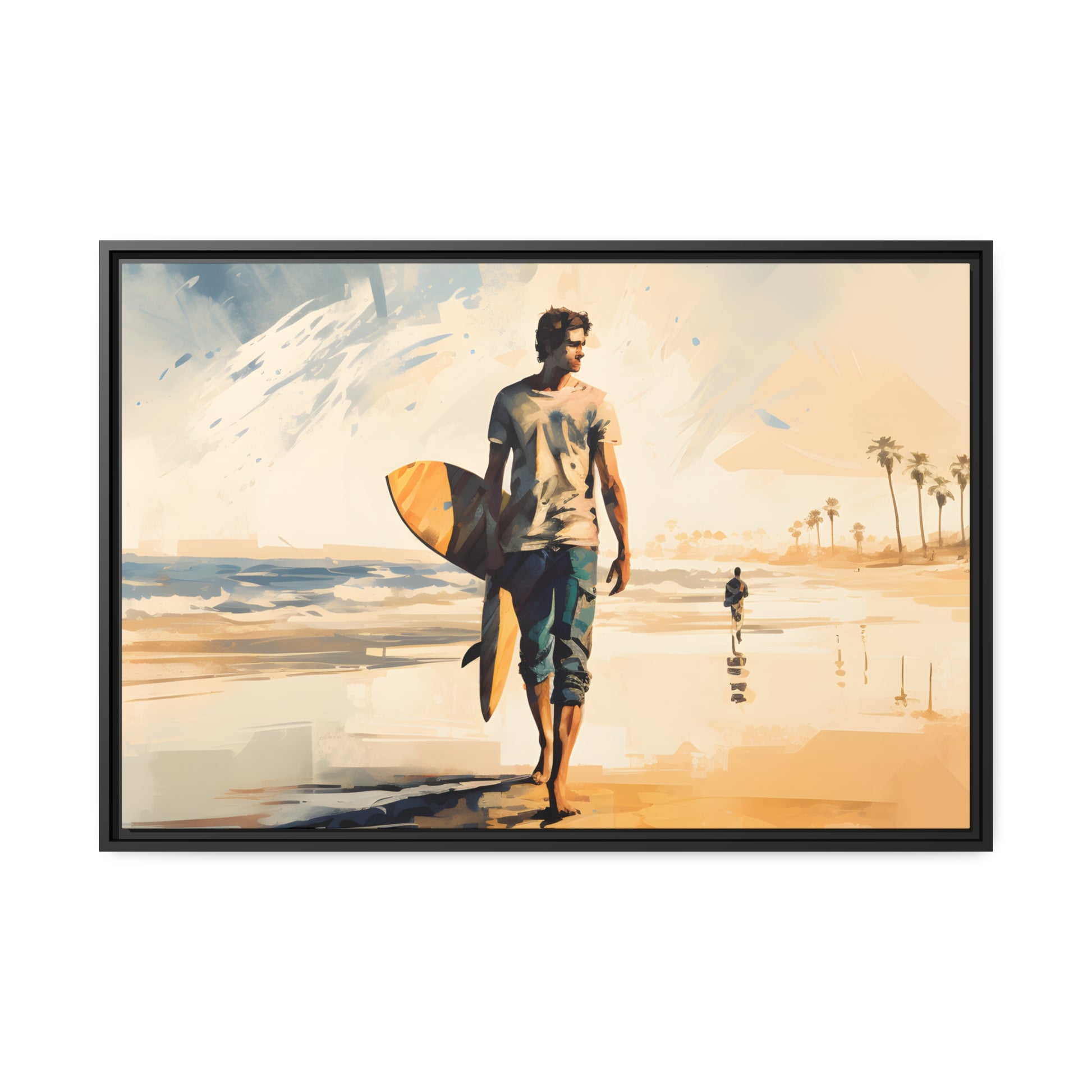 Framed Lifestyle/Ocean Side Artwork Stunning Watercolor Style Framed Painting Waves Surfer Surfing