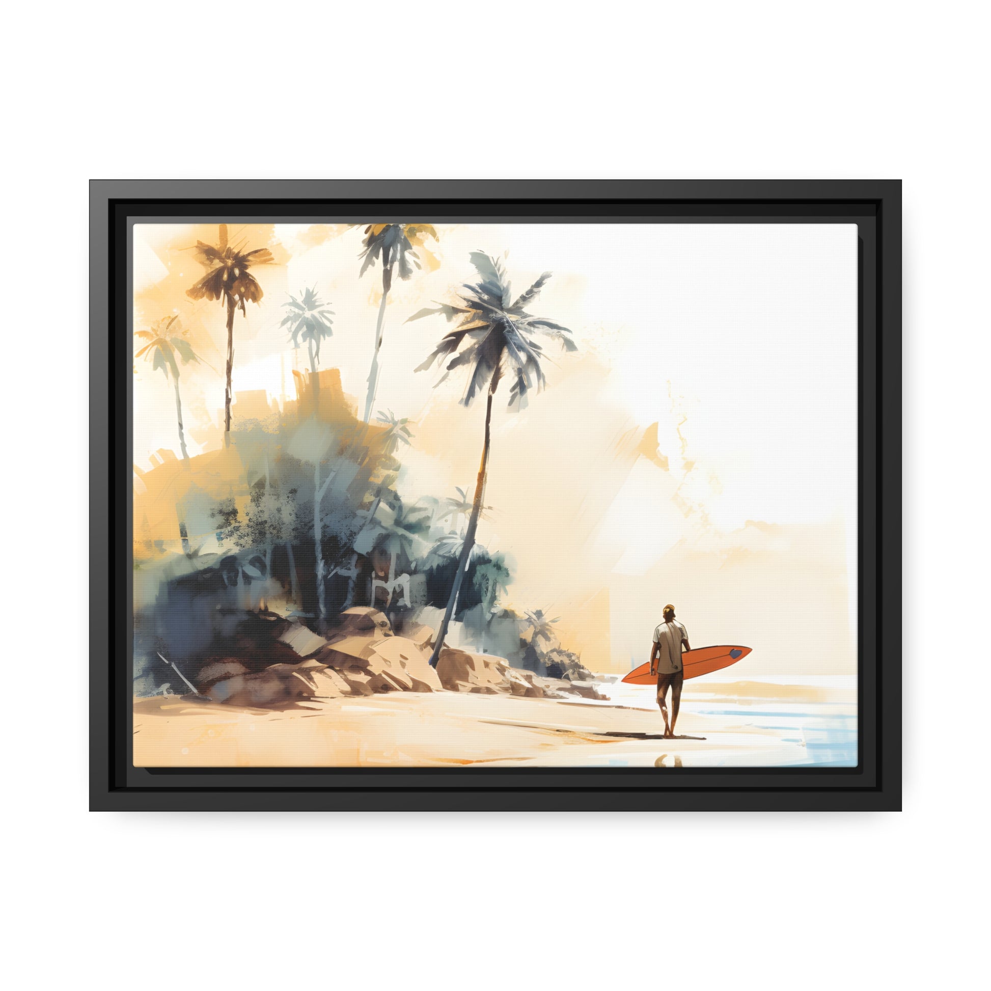 Framed Canvas Artwork Beach Ocean Surfing Art Surfer Walking Up The Beach Holding Surfboard Palm Trees Sets The Tone Floating Frame Canvas Artwork