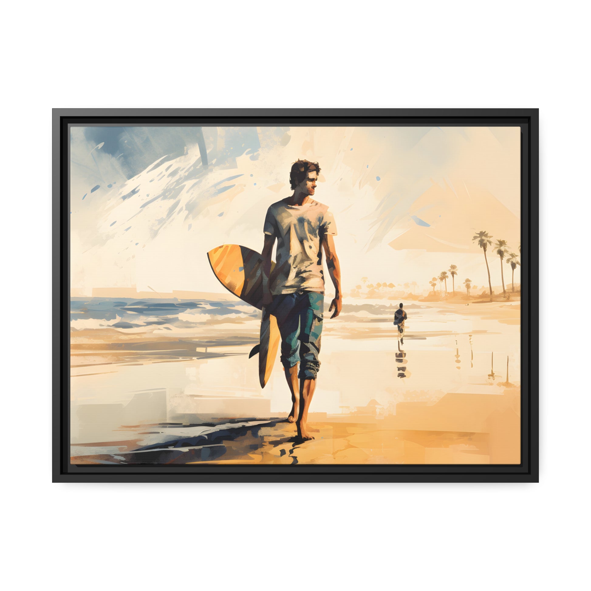 Framed Lifestyle/Ocean Side Artwork Stunning Watercolor Style Framed Painting Waves Surfer Surfing