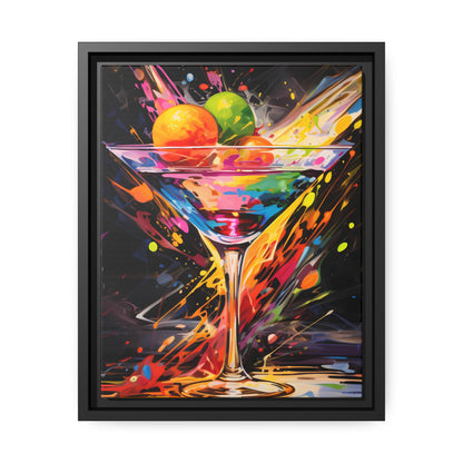 Framed Canvas artwork Bar/Night Life Art Bright Vibrant Neon Splashes Surrounding A Martini Glass Full Of Alcohol On Black Background Framed Canvas Painting Alcohol Art Iced Drink Close Up 