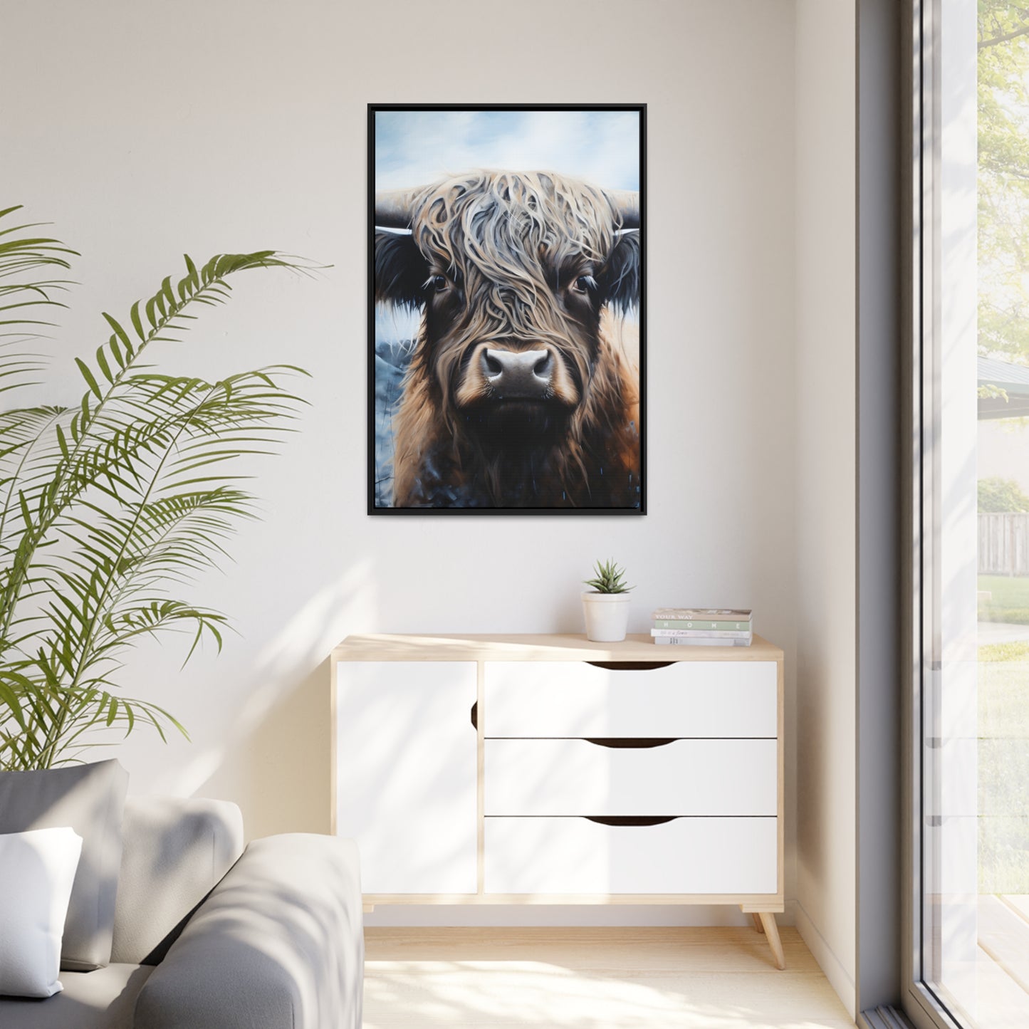 Framed Canvas Artwork Strong Stunning Highlander Bull Emotional Staring Into The Viewer Captivating Highly Detailed Painting Style