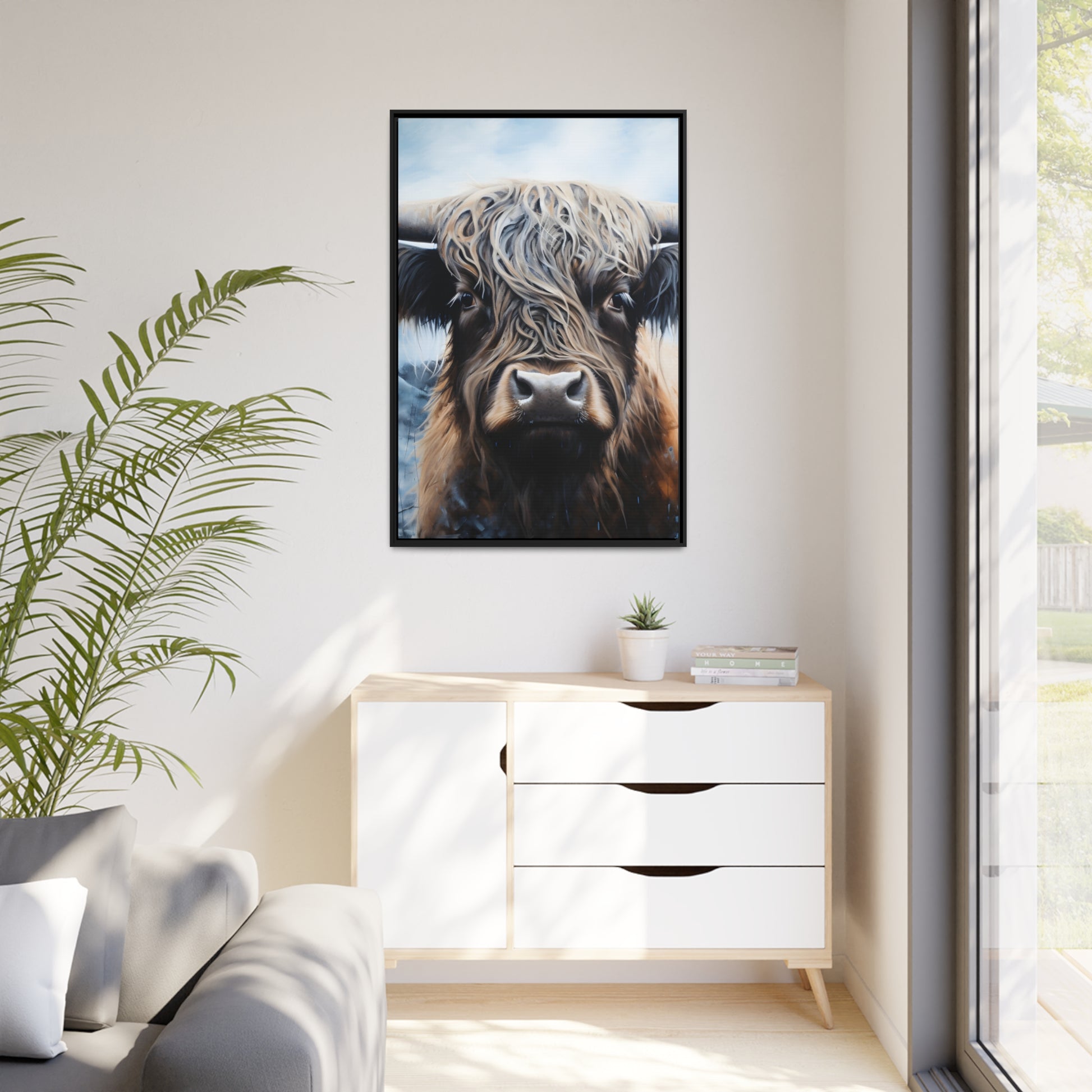 Framed Canvas Artwork Strong Stunning Highlander Bull Emotional Staring Into The Viewer Captivating Highly Detailed Painting Style