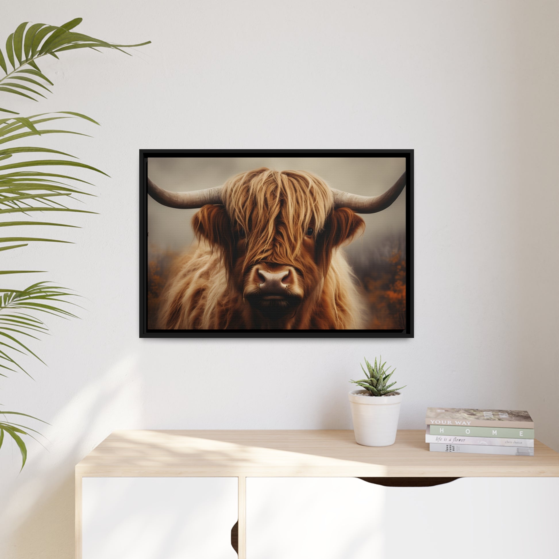 Framed Canvas Artwork Strong Stunning Highlander Bull Warm Fiery Background Emotional Staring Into The Viewer Captivating Highly Detailed Painting Style Perfect To Warm Up A Homestead Or Country Home