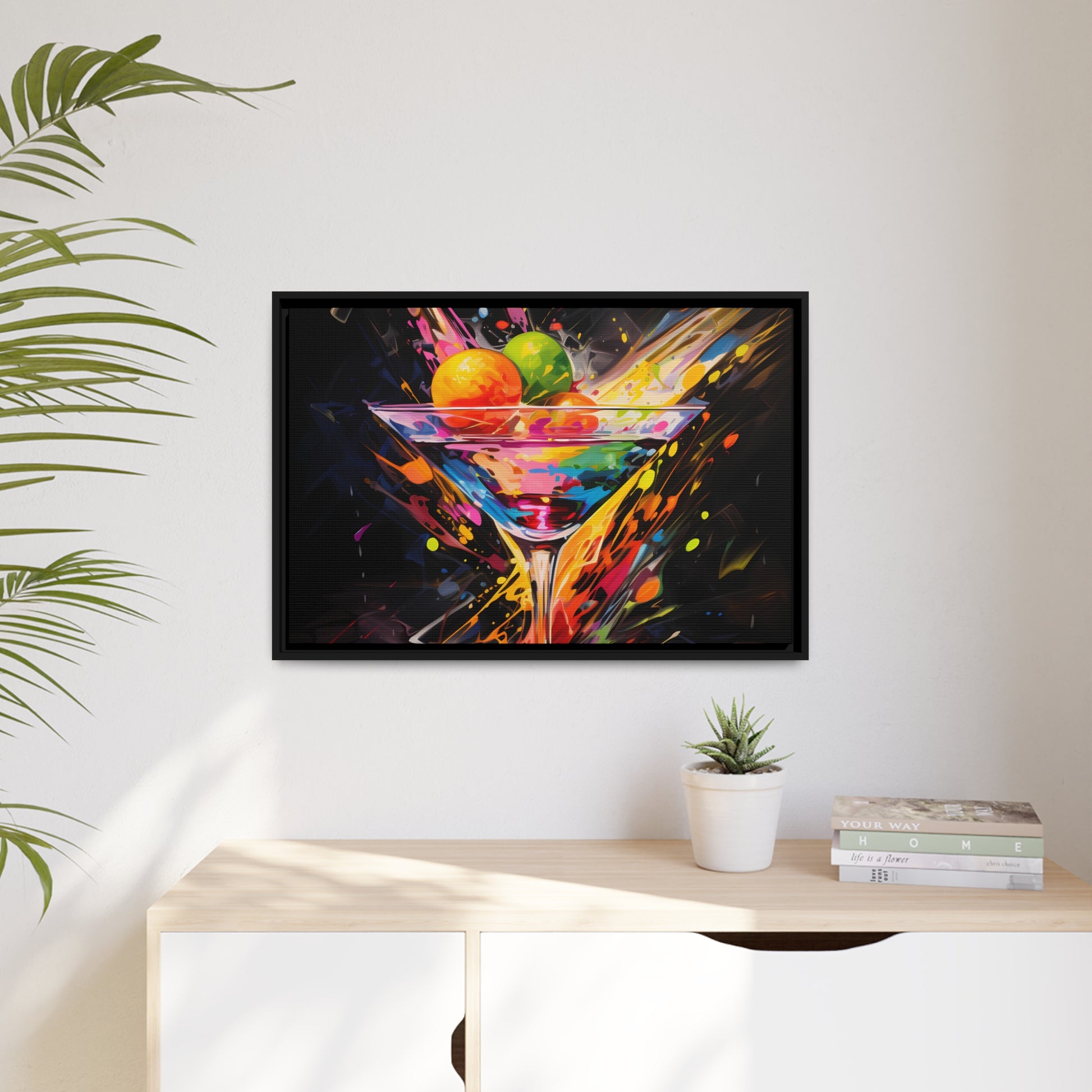 Framed Canvas artwork Bar/Night Life Art Bright Vibrant Neon Splashes Surrounding A Martini Glass Full Of Alcohol On Black Background Framed Canvas Painting Alcohol Art Iced Drink Close Up 