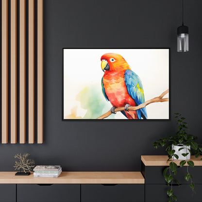 Framed Canvas Artwork Bright Red Parrot With Blue Wings Perched On A Tree Branch Water Color Painting Style