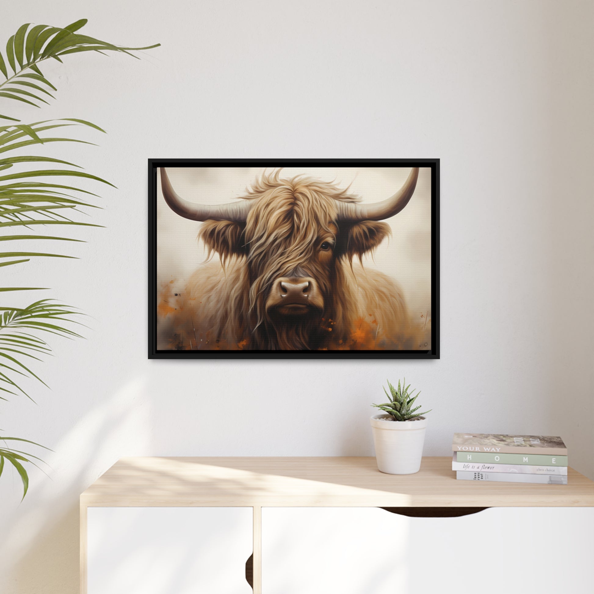 Framed Canvas Artwork Strong Stunning Highlander Bull Warm Fiery Background Emotional Staring Into The Viewer Captivating Highly Detailed Painting Style Perfect To Warm Up A Homestead Or Country Home