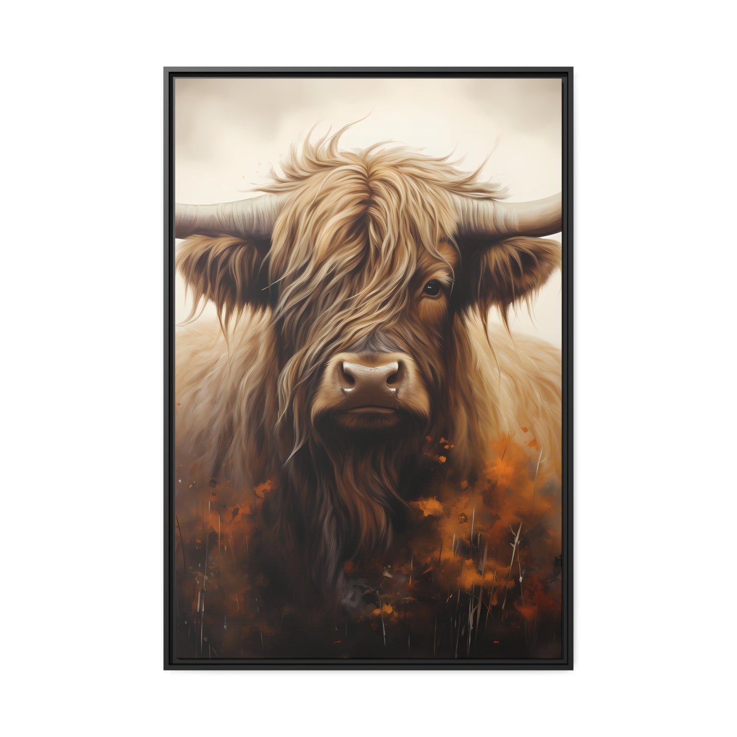 Framed Canvas Artwork Strong Stunning Highlander Bull Warm Fiery Flames Emotional Stylish Bull Staring Into The Viewer Captivating Highly Detailed Painting Style Perfect To Warm Up A Homestead Or Country Home