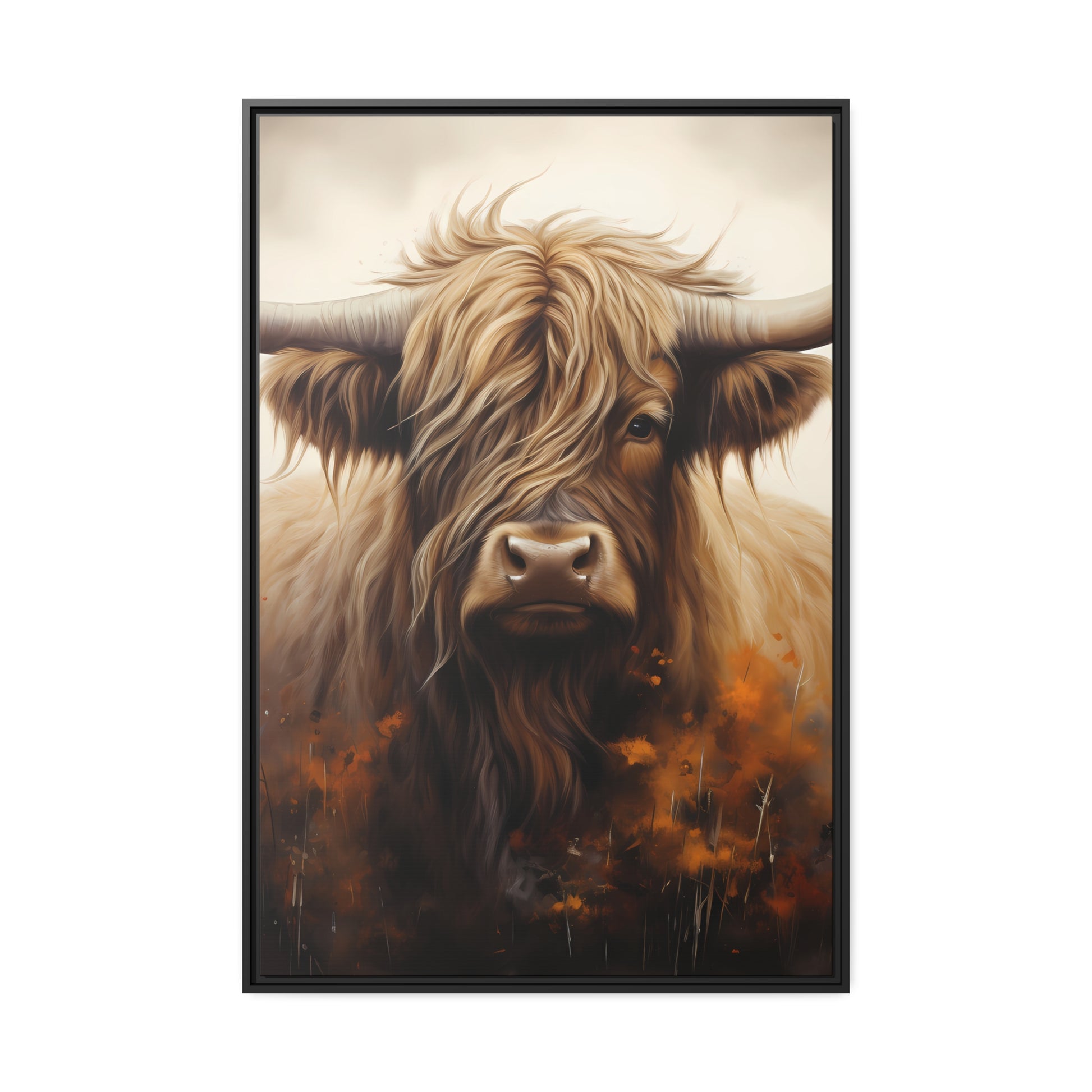 Framed Canvas Artwork Strong Stunning Highlander Bull Warm Fiery Flames Emotional Stylish Bull Staring Into The Viewer Captivating Highly Detailed Painting Style Perfect To Warm Up A Homestead Or Country Home