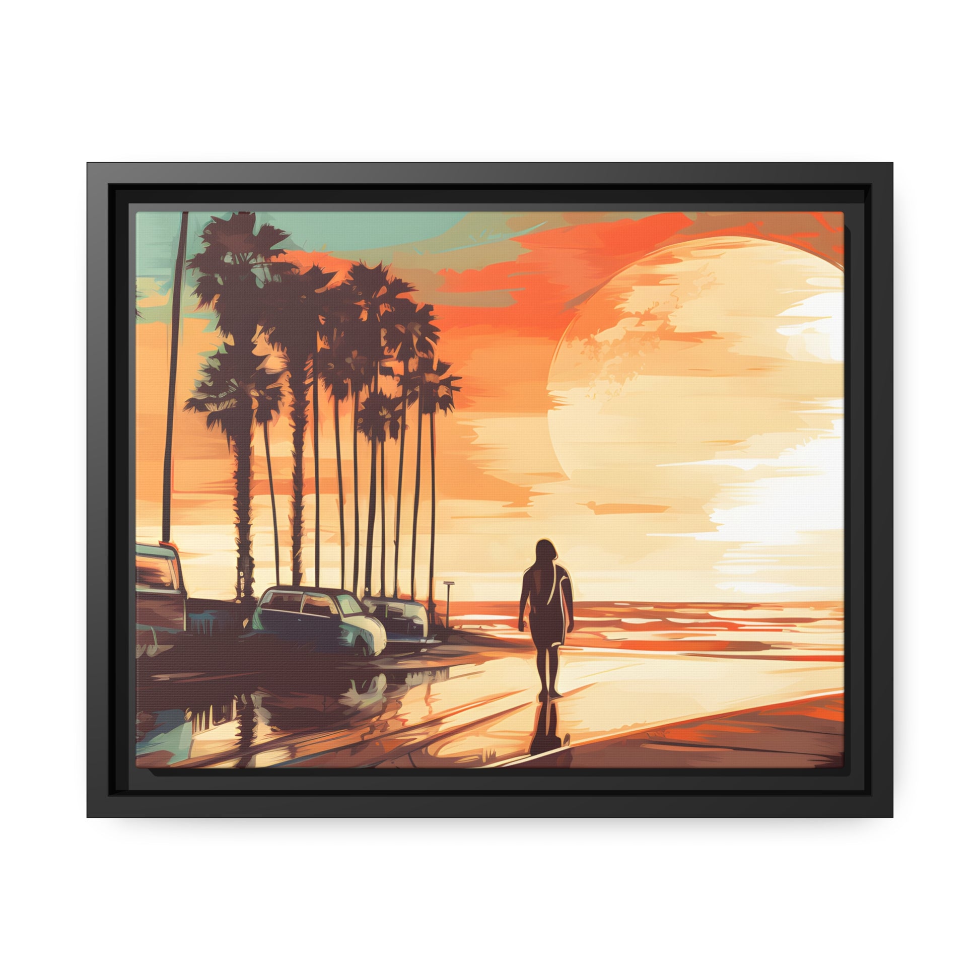 Framed Canvas artwork sunset watercolor oceanside framed painting Warm Colors Vintage Cars And A Large Sun Setting Into The Horizon Floating Canvas Framed Artwork